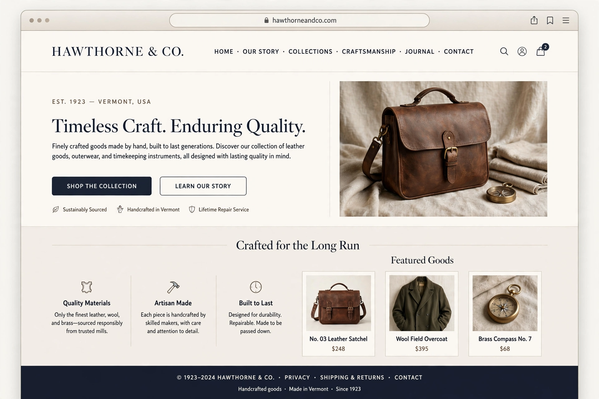 Timeless heritage shop website with refined serif type