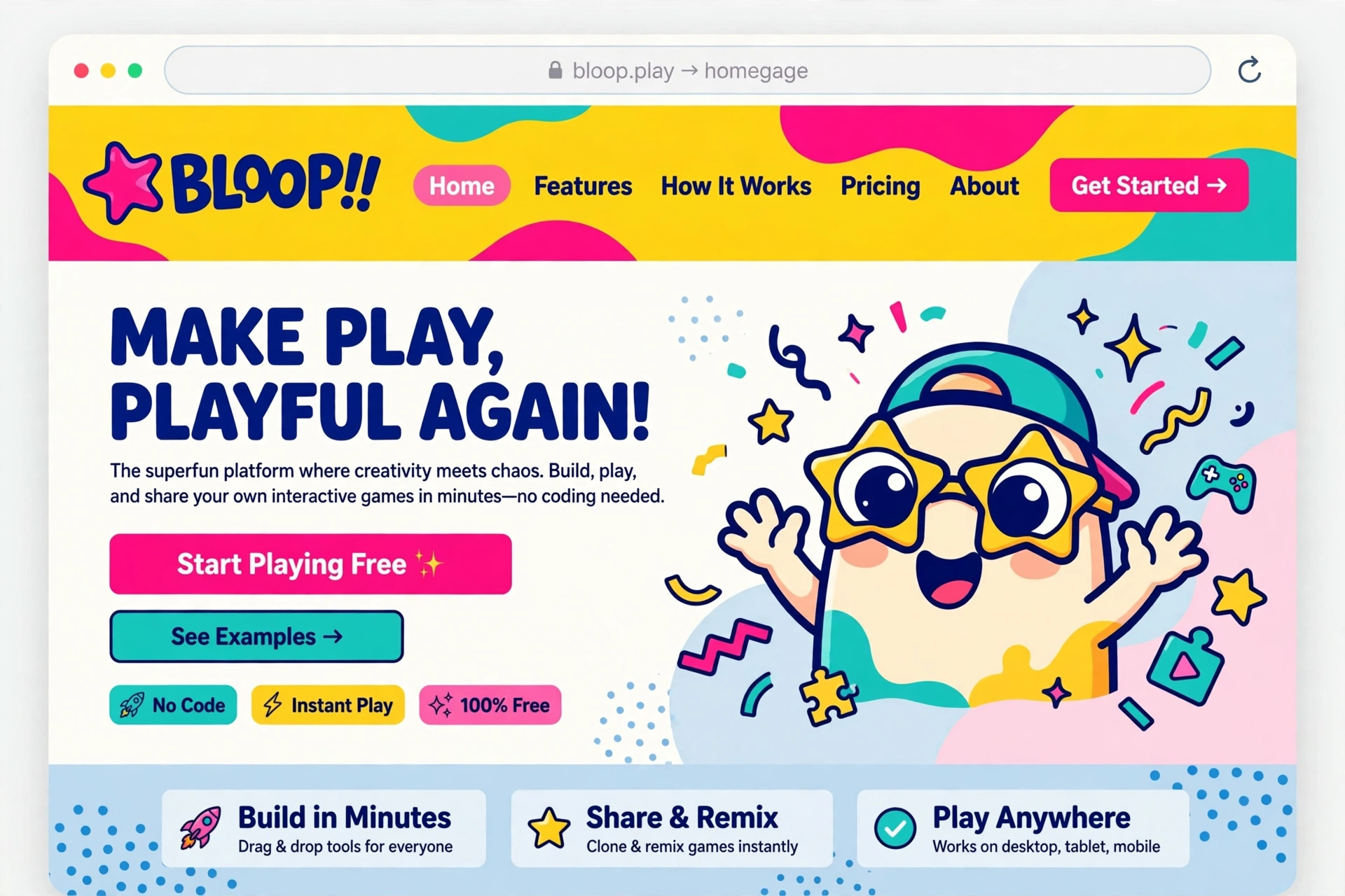 Bold playful website with bright color and expressive illustration